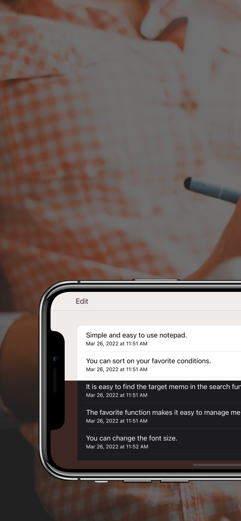 Memo Pad - Simple Note Pad - A smartphone screen displaying a list of notes in the Memo Pad app showing features like search and font size options.