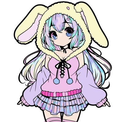 pretty anime girl wearing a fluffy hoodie with bunny ears on the hood and a skirt