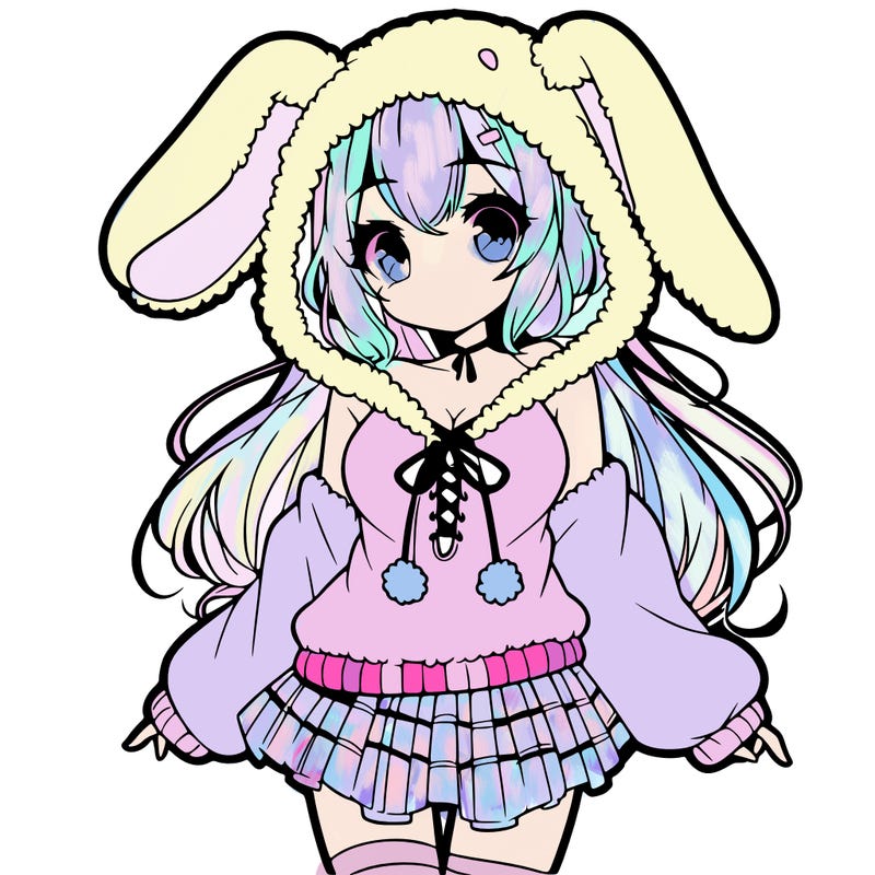 pretty anime girl wearing a fluffy hoodie with bunny ears on the hood and a skirt