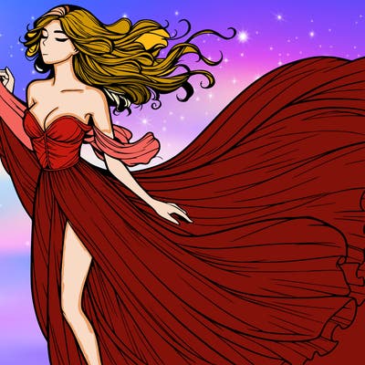 realistic woman in dress flowing the the wind