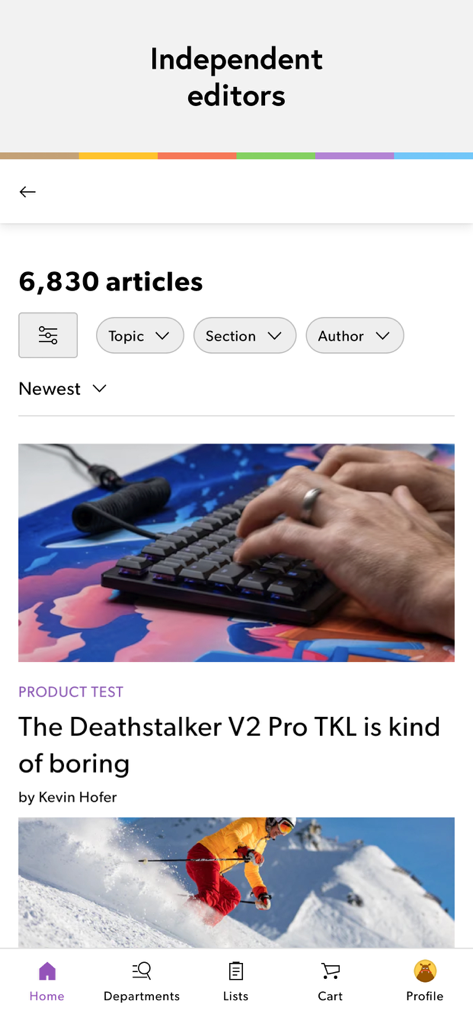 Galaxus app interface displaying a list of independent editorial articles and product reviews