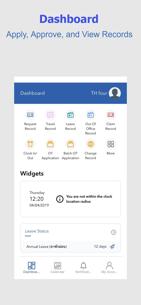 BIPO HRMS v2 mobile app dashboard showing employee self service features for leave attendance and expense management