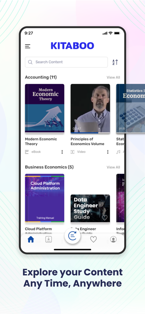 Kitaboo Player mobile app interface showcasing a digital library of educational eBooks and videos organized by category.