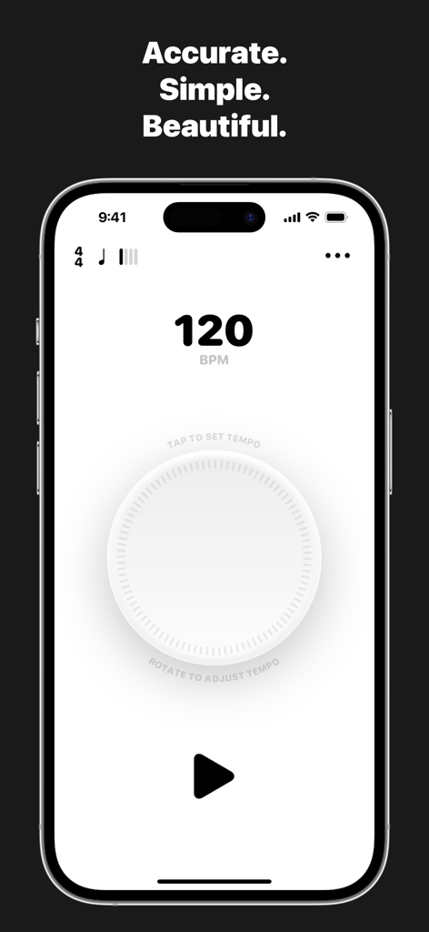 Metronome؜ - 120 BPM과 템포 조정 다이얼이 있는 미니멀리스트 메트로놈 앱 인터페이스를 표시하는 iPhone.