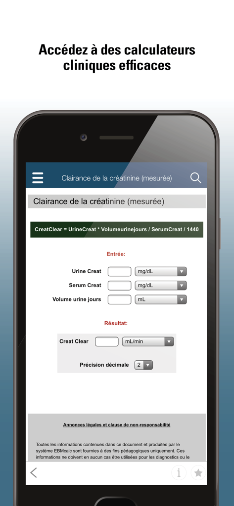 Le Manuel MSD Professionnel - Interface de l'application Le Manuel MSD montrant un calculateur de clairance de la créatinine pour les professionnels de santé.