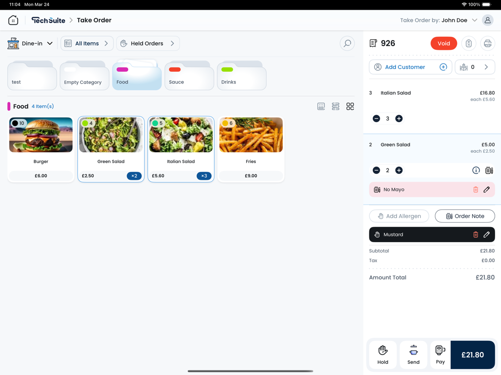 TechSuite POS interface on iPad displaying menu items and a digital receipt
