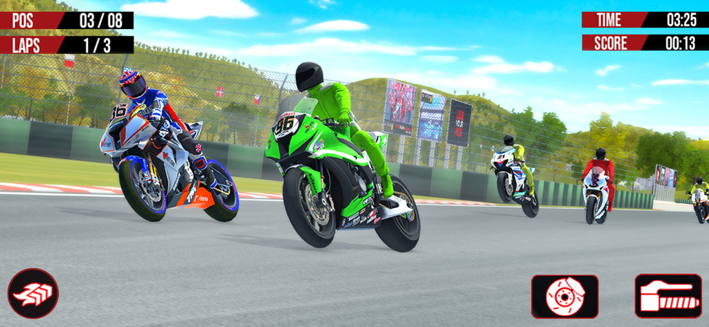 Bike Racing Games: Bike Games - Professional bike racers competing on a 3D racing track with a green sports bike in the lead