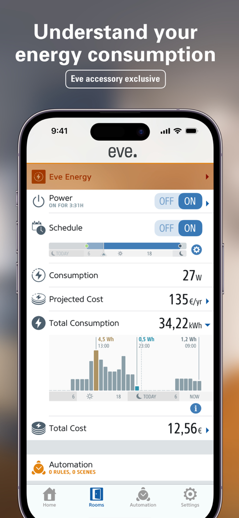 Eve for Matter & HomeKit - Dashboard of the Eve app showing energy consumption statistics and projected electricity costs.