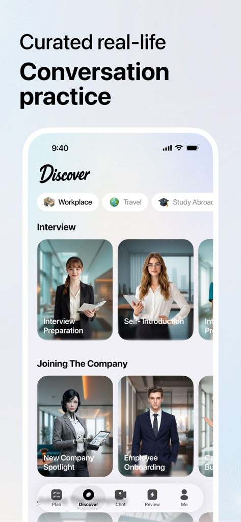 Interfaz de la aplicación Midoo AI que muestra escenarios de práctica de conversación laboral y de viajes.