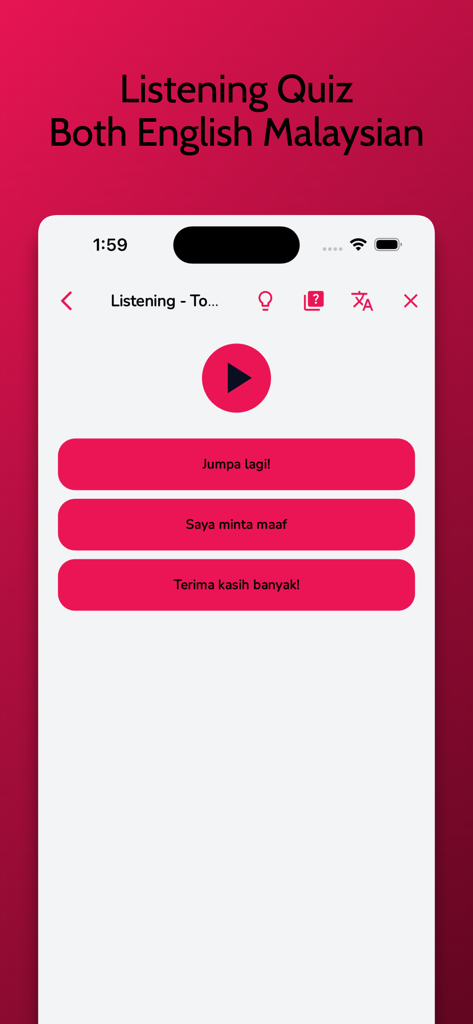Ein Hörquiz-Bildschirm aus der Malaiisch-Lern-App für Anfänger, der Multiple-Choice-Optionen auf Malaiisch zeigt
