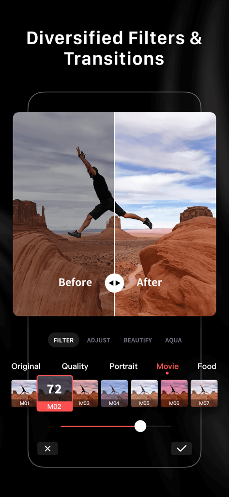 Before and after comparison of cinematic filters applied to a travel video in LightCut