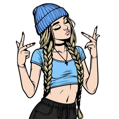 realistic teenage girl with braids and a beanie and crop top doing 🫶🏼