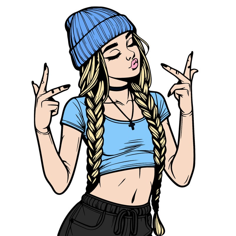 realistic teenage girl with braids and a beanie and crop top doing 🫶🏼