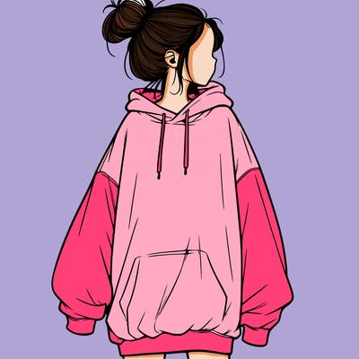 realistic girl with a oversized sweatshirt on and a bun