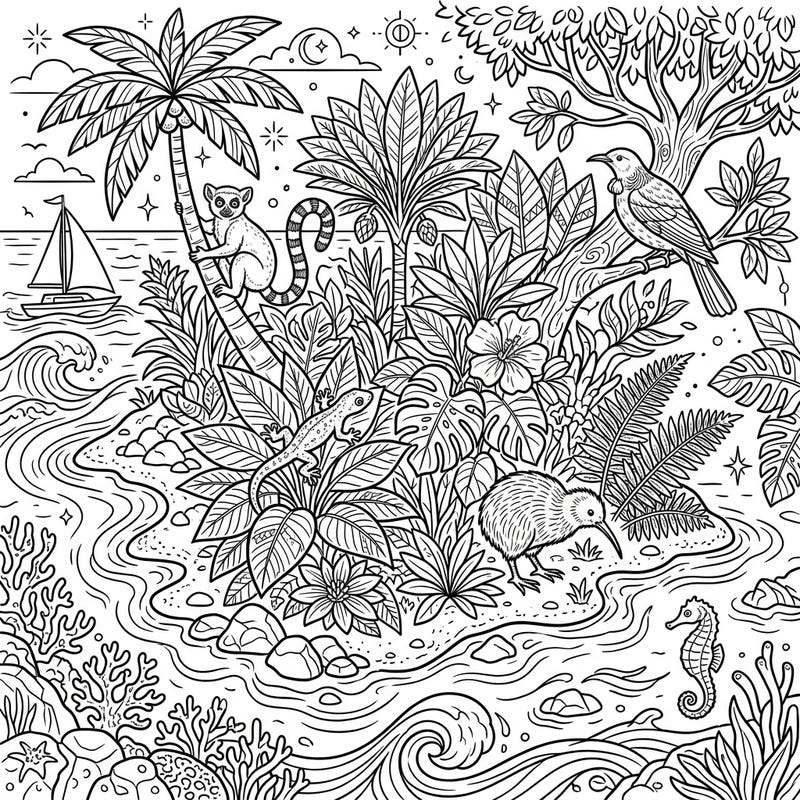 Embark on an epic coloring adventure to vibrant Wildlife Islands, teeming with exotic animals and lush, intricate flora. This detailed coloring page is specifically designed for teens, offering a captivating challenge to ignite creativity.