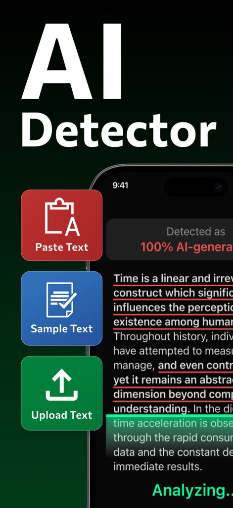 Interfaz de la aplicación Detector de IA que muestra una muestra de texto siendo analizada para generación por IA
