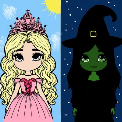 two realistic girls one princess one witch