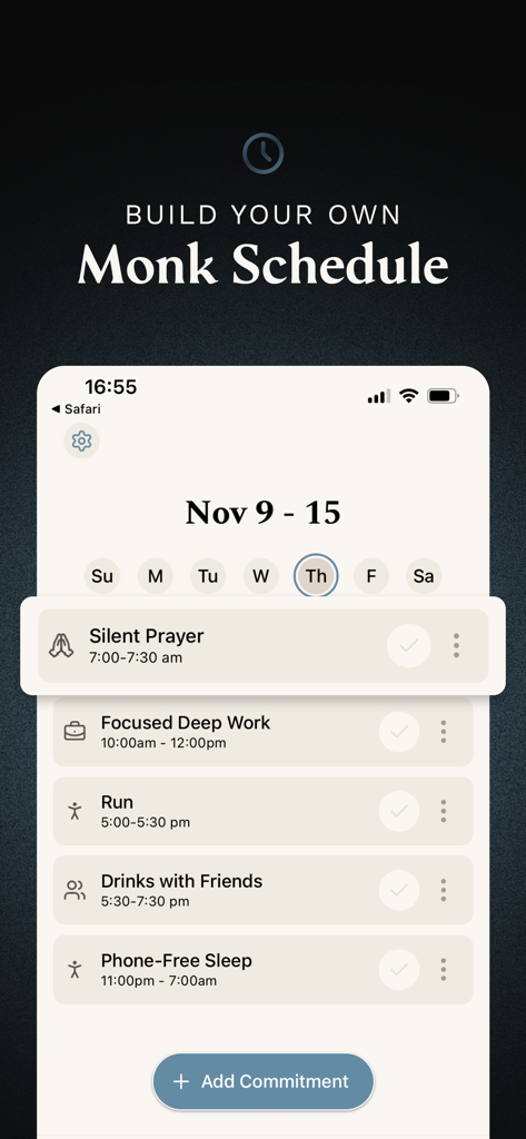 Monk Mindset - Interfaz de la aplicación Monk Mindset mostrando un horario diario con actividades intencionales como oración silenciosa y trabajo profundo