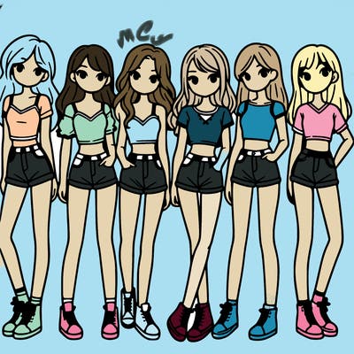 a group of girls wearing crop tops and shorts