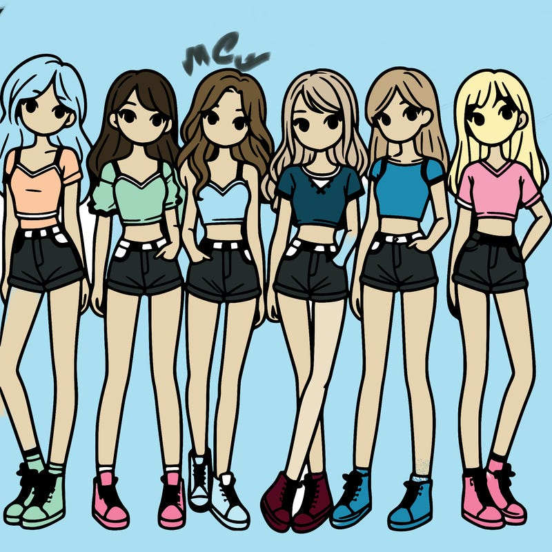 a group of girls wearing crop tops and shorts