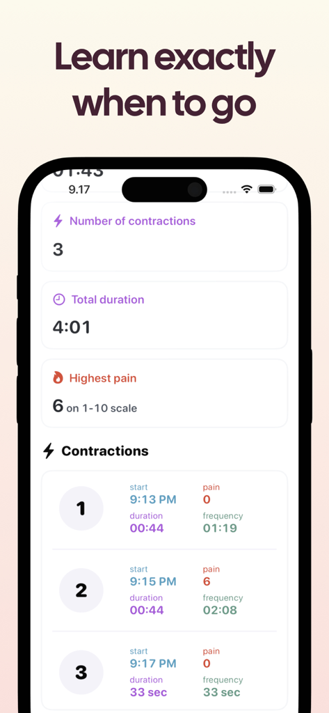 Contraction Timer Counter - Captura de tela do aplicativo Contador de Contrações mostrando dados de parto, incluindo frequência de contrações e nível de dor.