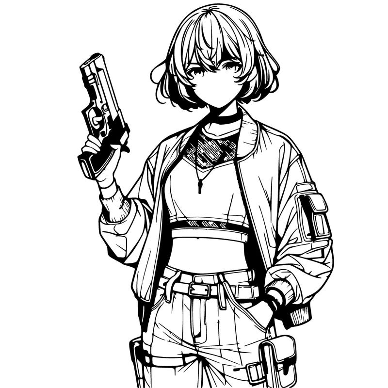 realistic anime girl with a gun wearing a crop top and a jacket and short jeans