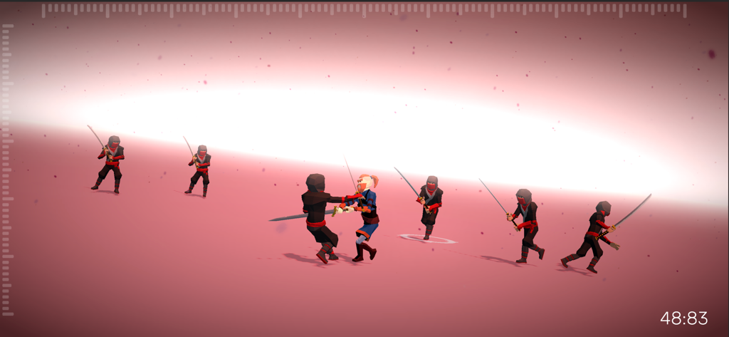 A low poly samurai warrior fighting multiple ninjas in a tactical combat sequence.