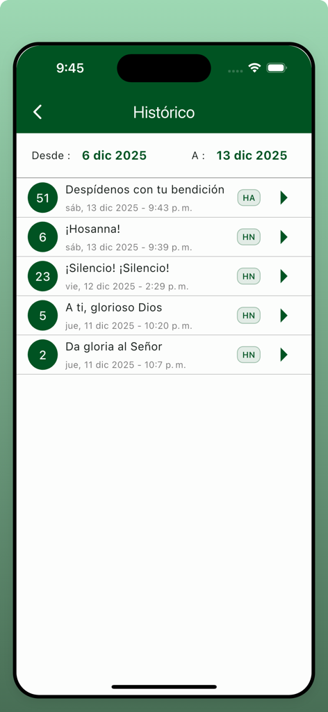 Himnario Adventista 7mo Día - History screen of the Himnario Adventista app showing a list of recent hymns
