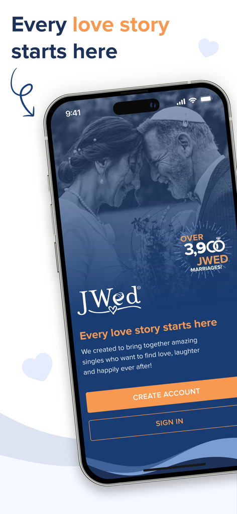 JWed - JWed Jewish dating app login screen featuring a happy couple and marriage statistics
