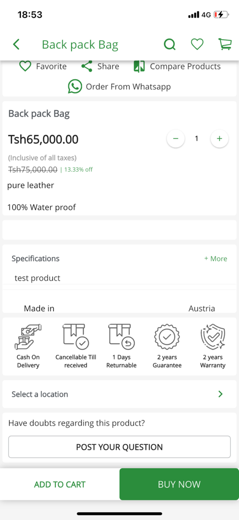 Mkinga Empire - A product listing for a waterproof leather backpack in the Mkinga Empire shopping app displaying price and purchase buttons.