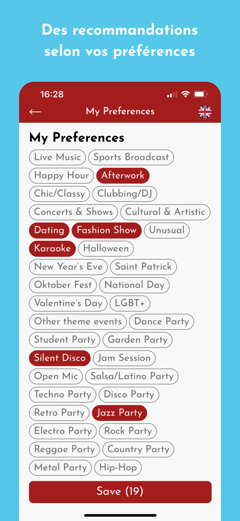 NeoSpot App-Bildschirm Meine Präferenzen zeigt auswählbare Tags für Events wie Happy Hour, Clubbing und Live-Musik.