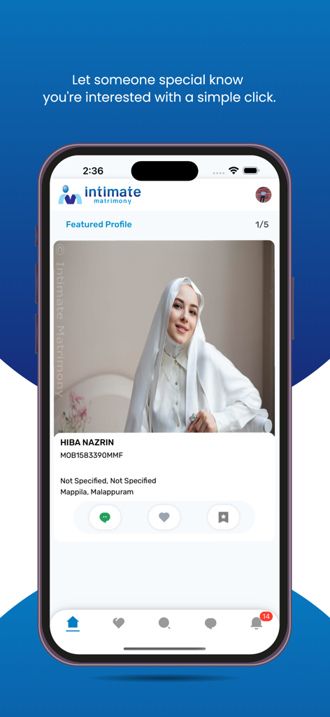 IntimateMatrimony - Intimate Matrimony app interface displaying a featured profile of a Malayali woman with options to message, like, or save.