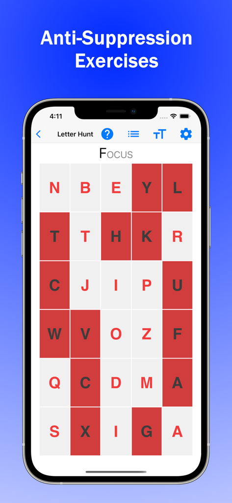 GamE-blyopia - Amblyopia Games - GamE-blyopia app screenshot showing the Letter Hunt game for anti-suppression eye therapy exercises on a smartphone screen.
