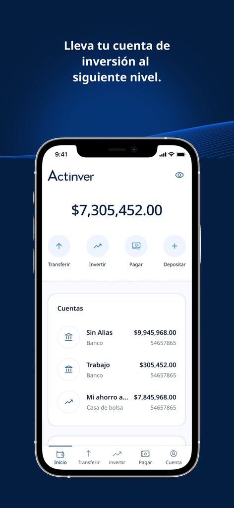 Actinver - Actinver mobile app dashboard displaying investment account balances and financial management tools