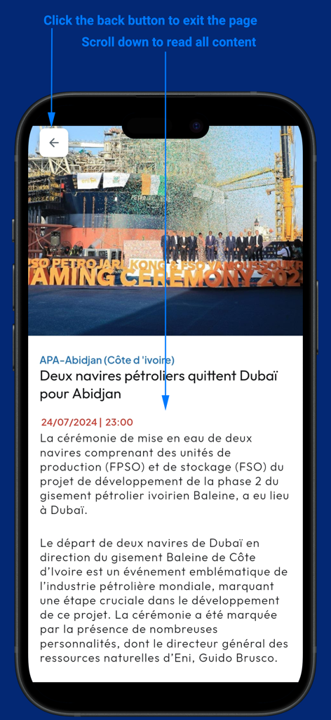 Apanews - Apanewsモバイルアプリで、コートジボワール向けの石油タンカーに関するフランス語のニュース記事が表示されています。命名式の写真が付いています。