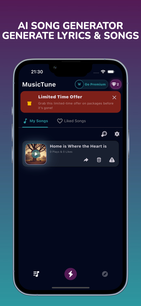 MusicTune AI - Song Generator - Interfaz de la aplicación MusicTune AI Song Generator mostrando una biblioteca de canciones generadas y opciones para crear letras.
