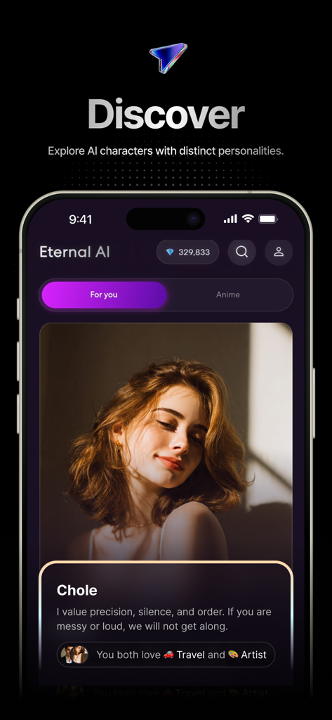 2am: Discovery & Chat - Discover screen of 2am app showing an AI character profile with a description and shared interests.