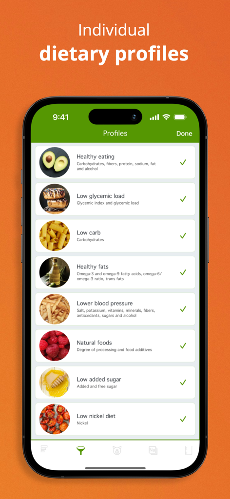 Natural Food Guide app screen displaying individual dietary profiles like Low Carb and Healthy Fats
