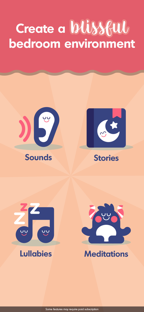 Gráfico que muestra iconos para sonidos de sueño, historias, canciones de cuna y meditaciones para la hora de dormir de los niños