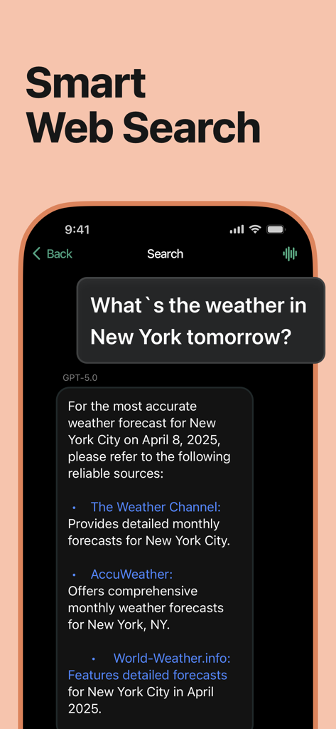 Chatico AI – Chatbot Assistant - Chatico AI app interface showing a smart web search for weather forecasts in New York City