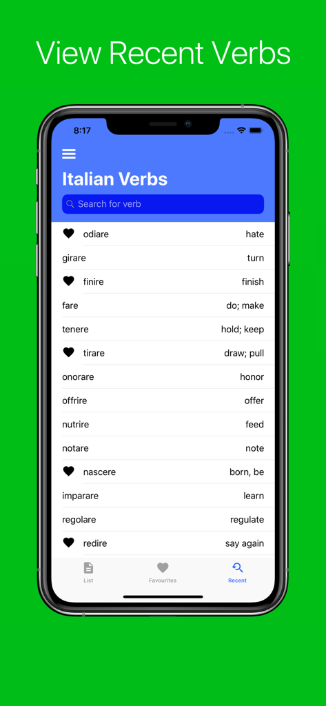 Italian Verb Conjugator - Screenshot of the Italian Verb Conjugator app showing a list of recently viewed verbs and their English translations.