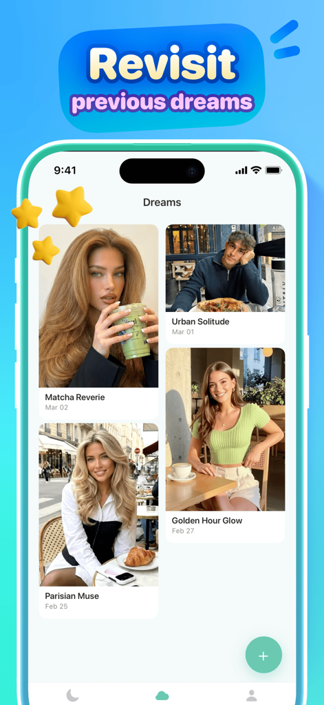 Bali - Wake Up Together - Bali app interface showing a gallery of previous dream journal entries with aesthetic photos and titles