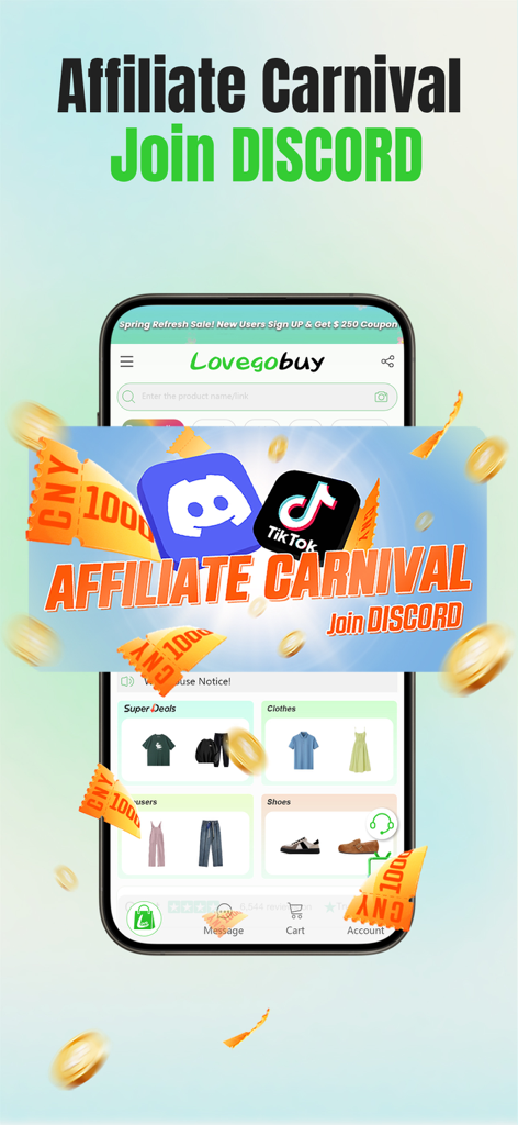 Lovegobuy mobile app interface showing an Affiliate Carnival banner with Discord and TikTok social links and product categories