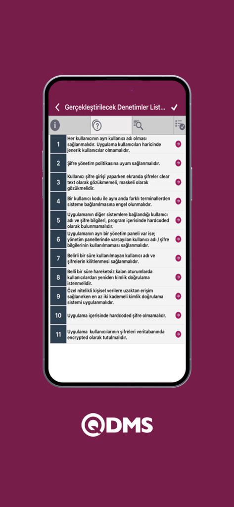 QDMS v2 - Bimser Çözüm - Ein mobiler Bildschirm der QDMS v2 App, der eine detaillierte Audit-Checkliste für das Compliance-Management anzeigt.