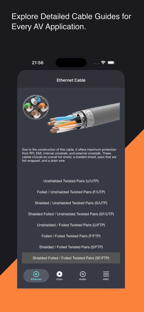 AV Buddy - AV Buddy 앱 인터페이스. 기술 다이어그램이 있는 상세한 이더넷 케이블 가이드를 보여줍니다.