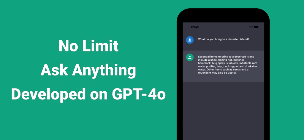 AI Chat - TryChat - Chat Bot - TryChat AI chatbot interface showing a conversation powered by GPT-4o with text highlighting no limits and unlimited questions.