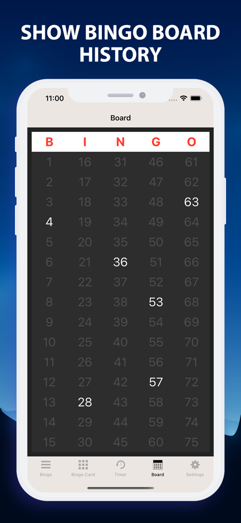 Bingo Caller at Home - Screenshot of the Bingo Caller at Home app board history showing called numbers in a clear grid format