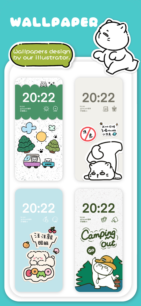 COMO Widgets - Adorable Widget - A display of four cute hand-drawn aesthetic wallpapers and widgets from the COMO Widgets app