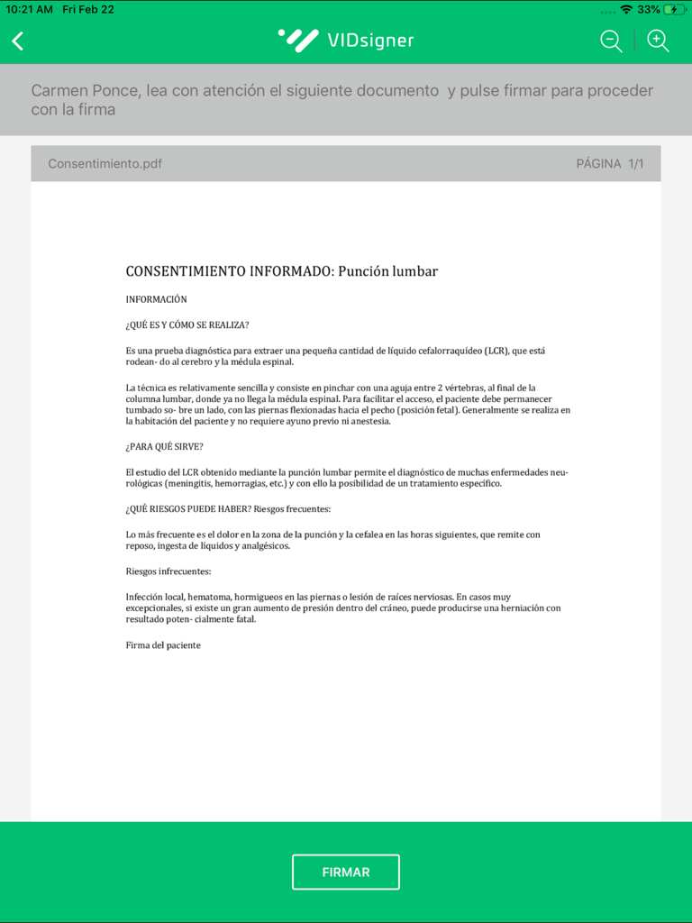 VIDsigner - A medical informed consent document displayed on the VIDsigner app for iPad ready for signature