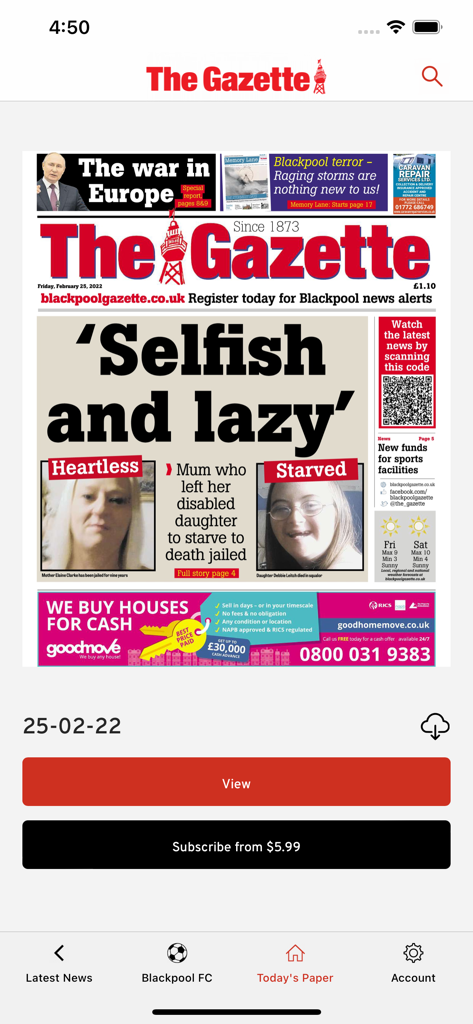 The Blackpool Gazette - Screenshot of The Blackpool Gazette app showing a digital replica of the printed newspaper front page with subscription options.